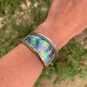 Handmade iridescent Abalone shell like (?) sterling silver bracelet